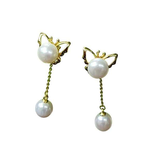 18K Gold Plated Reversible Butterfly With White Freshwater Pearl Dangle Earrings - Picture 11 of 14